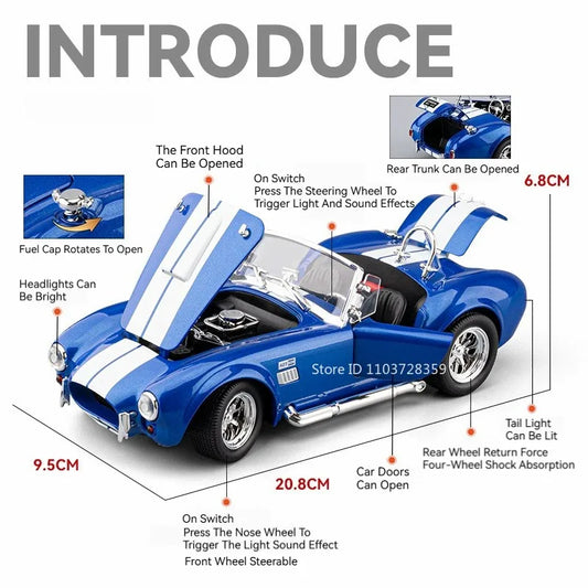 Shelby Cobra 500K Model 1:24 Toy Vintage Cars Alloy Diecast Sound Light Doors Opened Pull Back Decoration Gifts