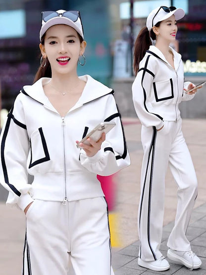 Women's Fashion Color Matching Zipper Cardigan Jacket + Wide-leg Pants Sports Casual Loose Two Piece Set