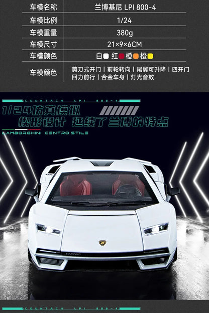 Lamborghini Countach LPI 800-4 Simulation1:24  Diecast Metal Alloy Model car Sound Light Pull Back CollectionToy Gifts