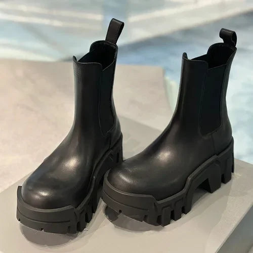 Retro Chelsea Mid-Calf for Women  New round Toe Muffin Gear Platform Black Mid-Calf Length Motorcycle Boots