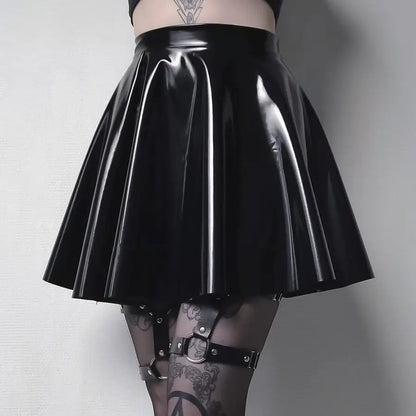 Women Black Patent Leather Pleated Mini Skirt High Waist Flared Gothic Punk Skirt Edgy Streetwear Skirt For Daily Wear & Dating