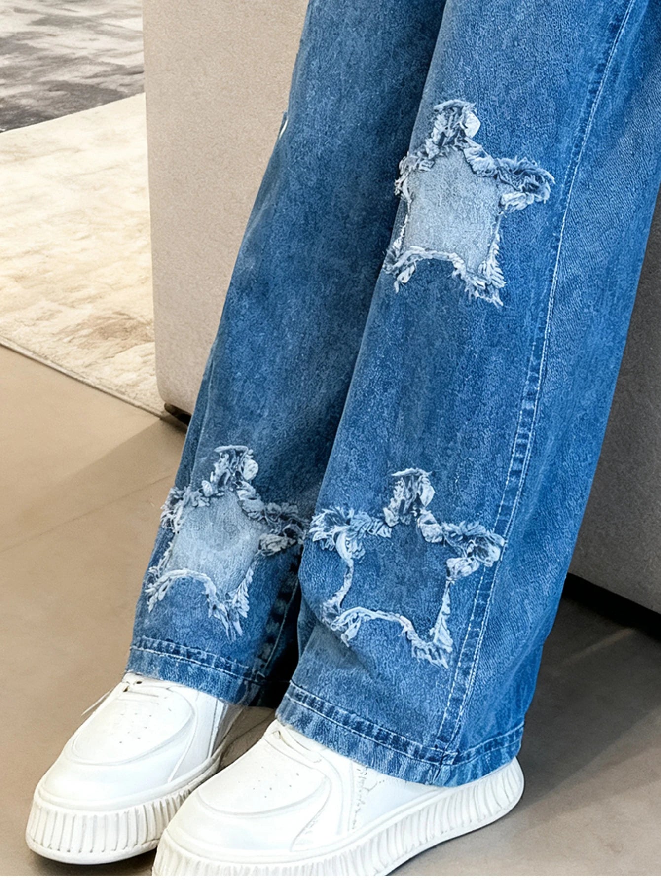 2026 Girls Comfortable Soft Fabric Wide-leg Pants, Casual Daily Versatile Style, Star Element Printed Imitation Denim Trousers