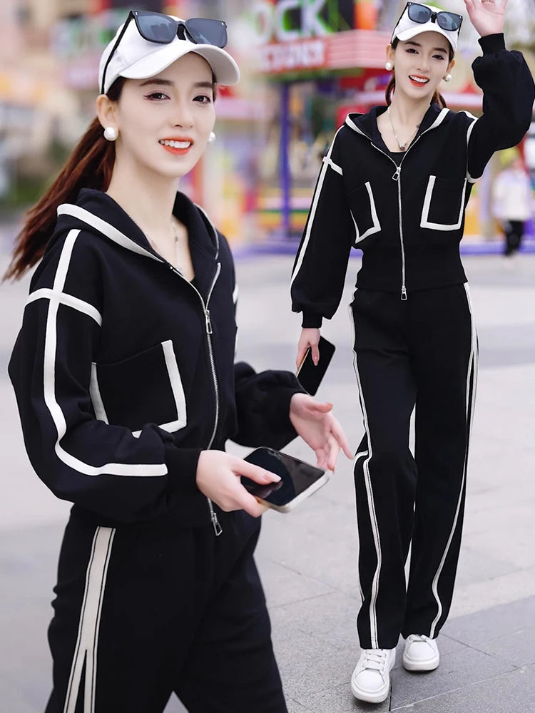 Women's Fashion Color Matching Zipper Cardigan Jacket + Wide-leg Pants Sports Casual Loose Two Piece Set