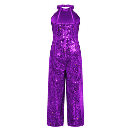 Kids Girls Jazz Dance Performance Jumpsuit Shiny Sequin Sleeveless Halter Romper Birthday Wedding Party Dancing Prom Bodysuit