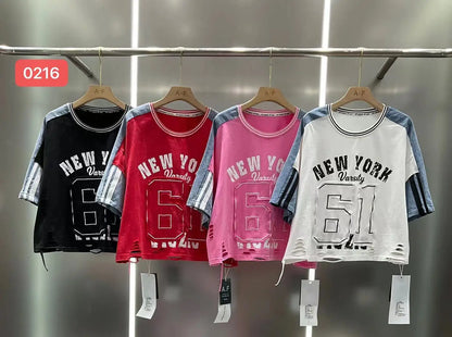 European Casual Suit Women's 2026 Spring and Summer New Letter-printed Trousers Denim Splicing Ripped Short-sleeved Top