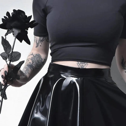 Women Black Patent Leather Pleated Mini Skirt High Waist Flared Gothic Punk Skirt Edgy Streetwear Skirt For Daily Wear & Dating