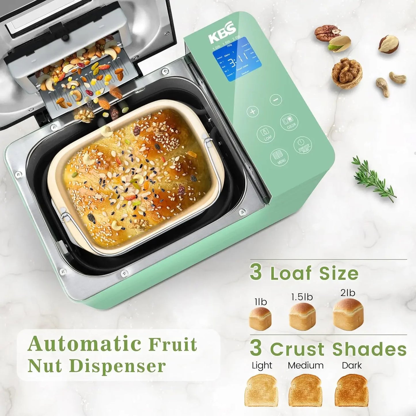 Bread Maker 2.2LB with Dual Heaters, 710W Convection Bread Machine with Ceramic Pan & Auto Nut Dispenser, 17-in-1 Stainless