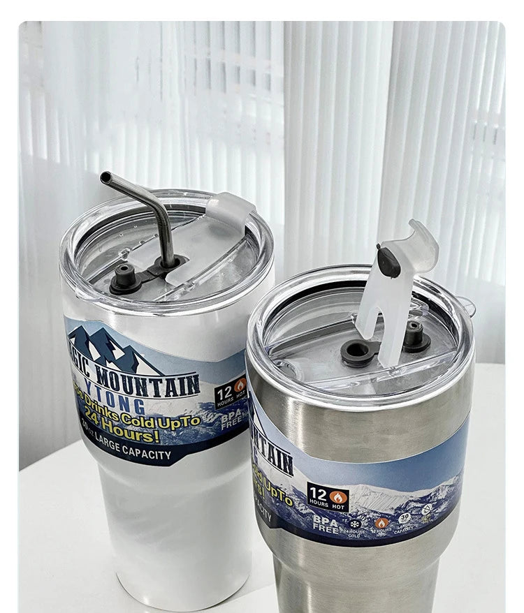 Magic Stainless Steel Freeze Thermos Cup with Straw Ice Coffee Drink Vacuum Insulated Bottle Car Travel Outdoor Mountain Cup