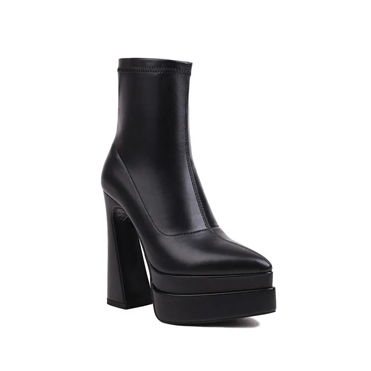 New 2026 Style Fashion High-heeled Women's Boots Solid PU Pointed Toe Zipper Platform Square Heel Women's Boots