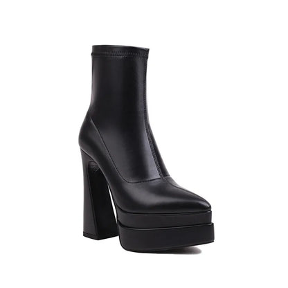 New 2026 Style Fashion High-heeled Women's Boots Solid PU Pointed Toe Zipper Platform Square Heel Women's Boots