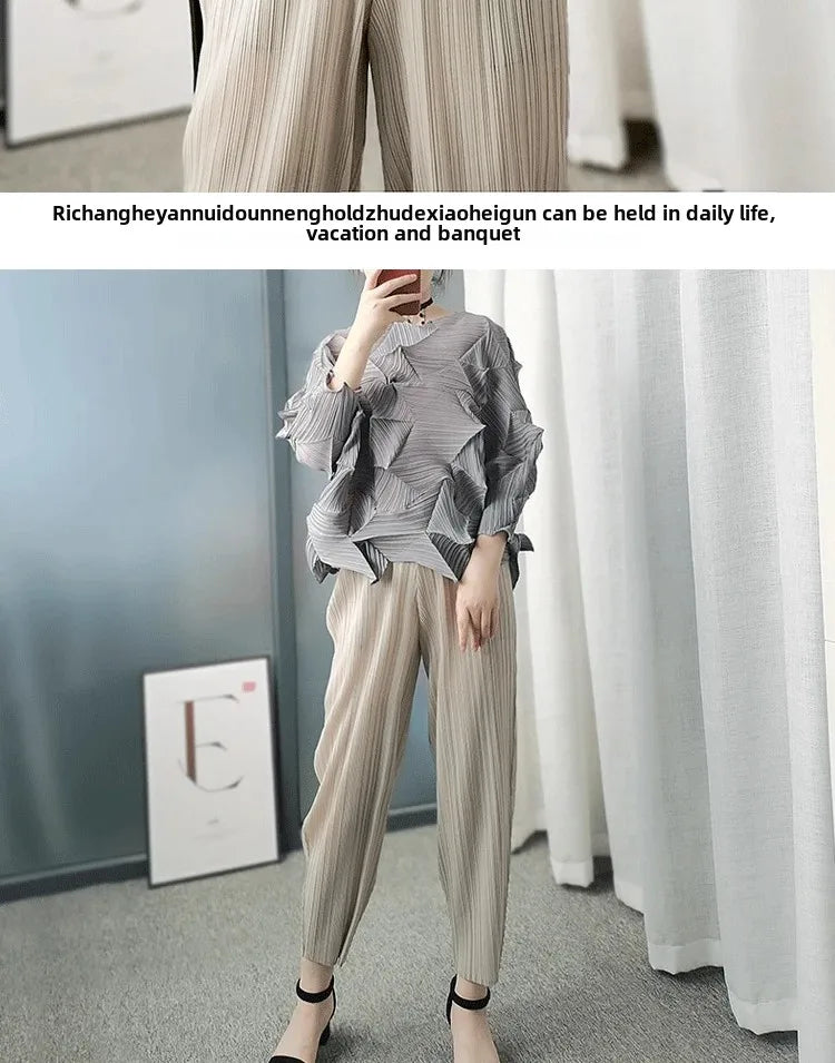 Diamond Pleated Top 8161 Artistic Raglan Sleeve Crew Neck T-Shirt  Spring Summer Fashionable Pleated Des