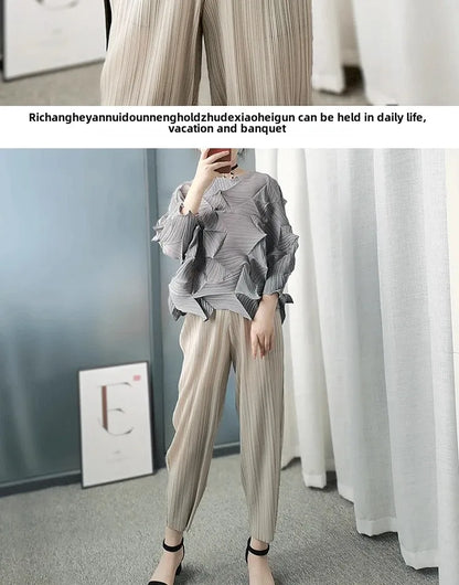 Diamond Pleated Top 8161 Artistic Raglan Sleeve Crew Neck T-Shirt  Spring Summer Fashionable Pleated Des