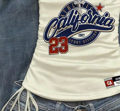 cropped top  ，Women's Summer Drawstring Tie Front Cutaway Tapered Tank Top, Fashionable Resort-Fit Sporty Print Strappy Top