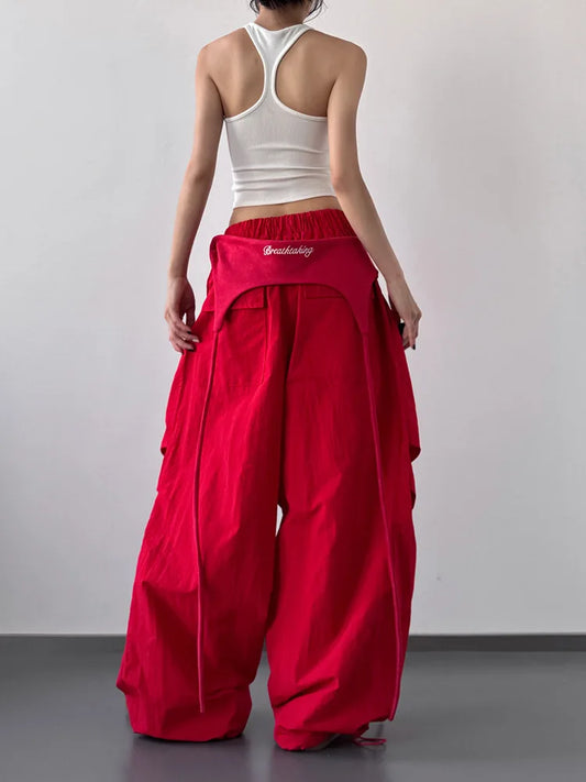 Women's Dance & Y2K Style Pants - Cross-layer Straps Design Casual Streetwear Trousers Wide Leg Cargo Pants for Hip Hop Dance