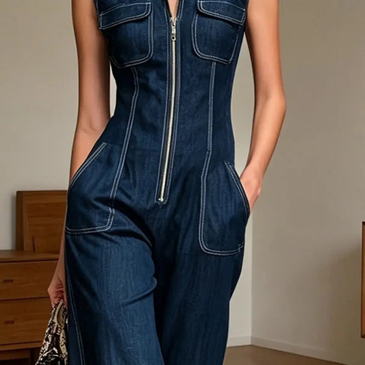 Loose Fit Jumpsuit Women’s Denim Jumpsuit with Stand Collar Wide Leg Rompers Zip Front One-piece Outfit with Pockets for Women
