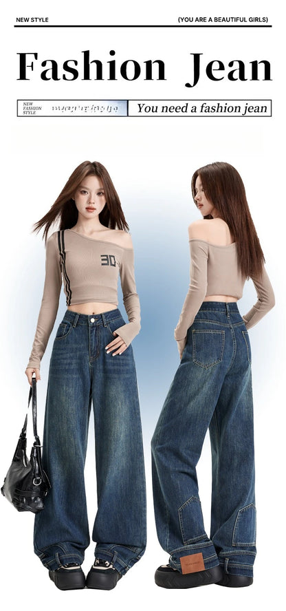 Ins Fashion American Retro Baggy High Waisted Jeans Woman High Street Denim Pants Reversible Trousers Streetwear Y2K Loose Jeans