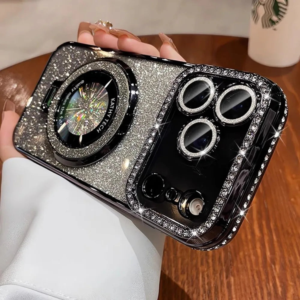 Suitable for iPhone17/16/15/14/13/12/11 Case With Lens Film 16 Anti-drop 15 Rhinestone Glitter Magnetic Stand