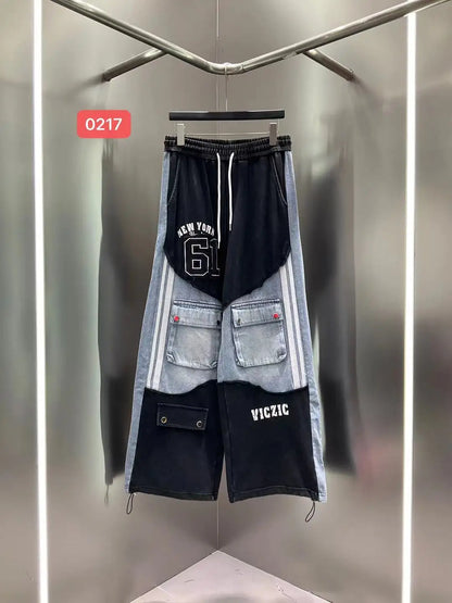 European Casual Suit Women's 2026 Spring and Summer New Letter-printed Trousers Denim Splicing Ripped Short-sleeved Top