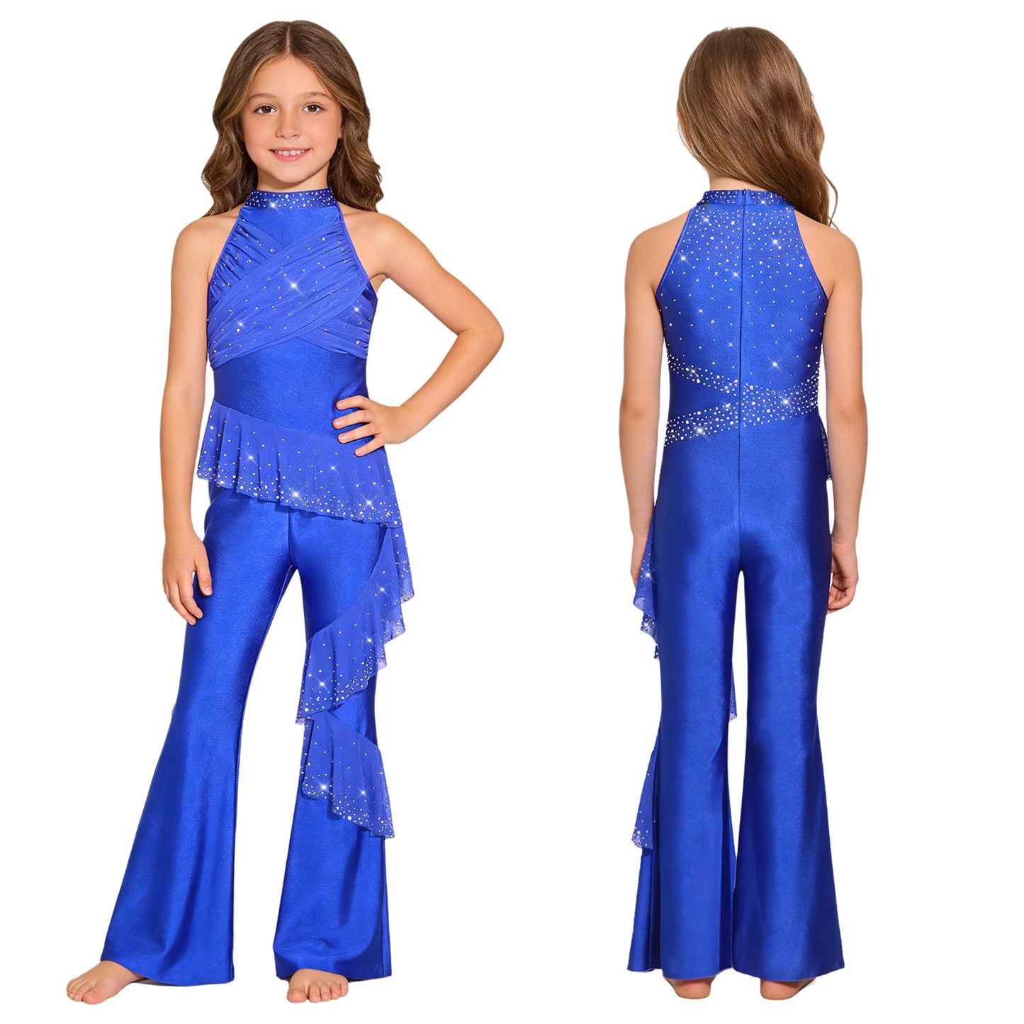 Kids Girls Figure Skating Jumpsuit Ballet Gymnastics Acrobatics Dance Leotard Sleeveless Shiny Rhinestones Ruffles Mesh Bodysuit