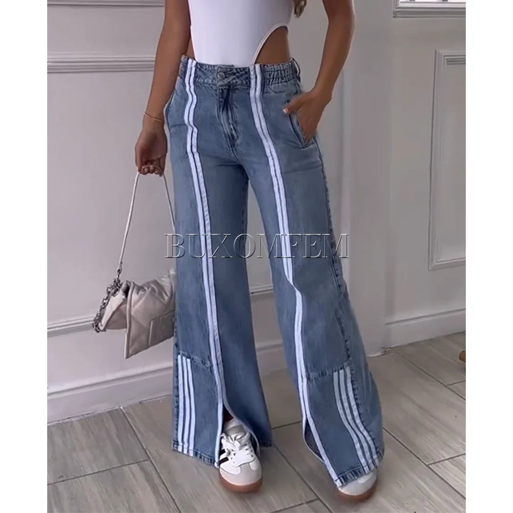 Women's Slit Flared Pants Female Individualretro Loose Jeans Front Striped Long Trousers Y2k Streetwear Elegant Pant Bottoms