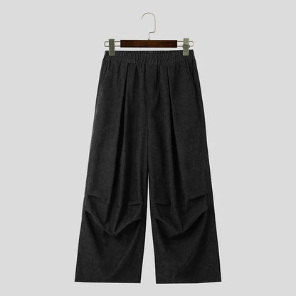 INCERUN Men Corduroy Pants Solid Color Loose Elastic Waist Streetwear Casual Wide Leg Trousers Men Long Pants