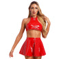 Women's Patent Leather Backless Sleeveless Halter Crop Tops with Invisible Zipper Flared Skirt Rave Party Pole Dance Clubwear