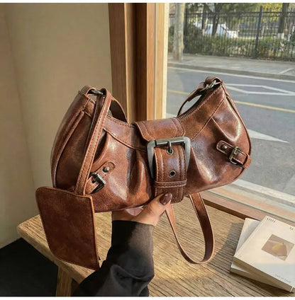Shoulder Bags Y2K Retro Style Shoulder Bag, Maillard Pleated Rivet Armpit Bag, Fashionable Ladies Cool Leather Shoulder Bag