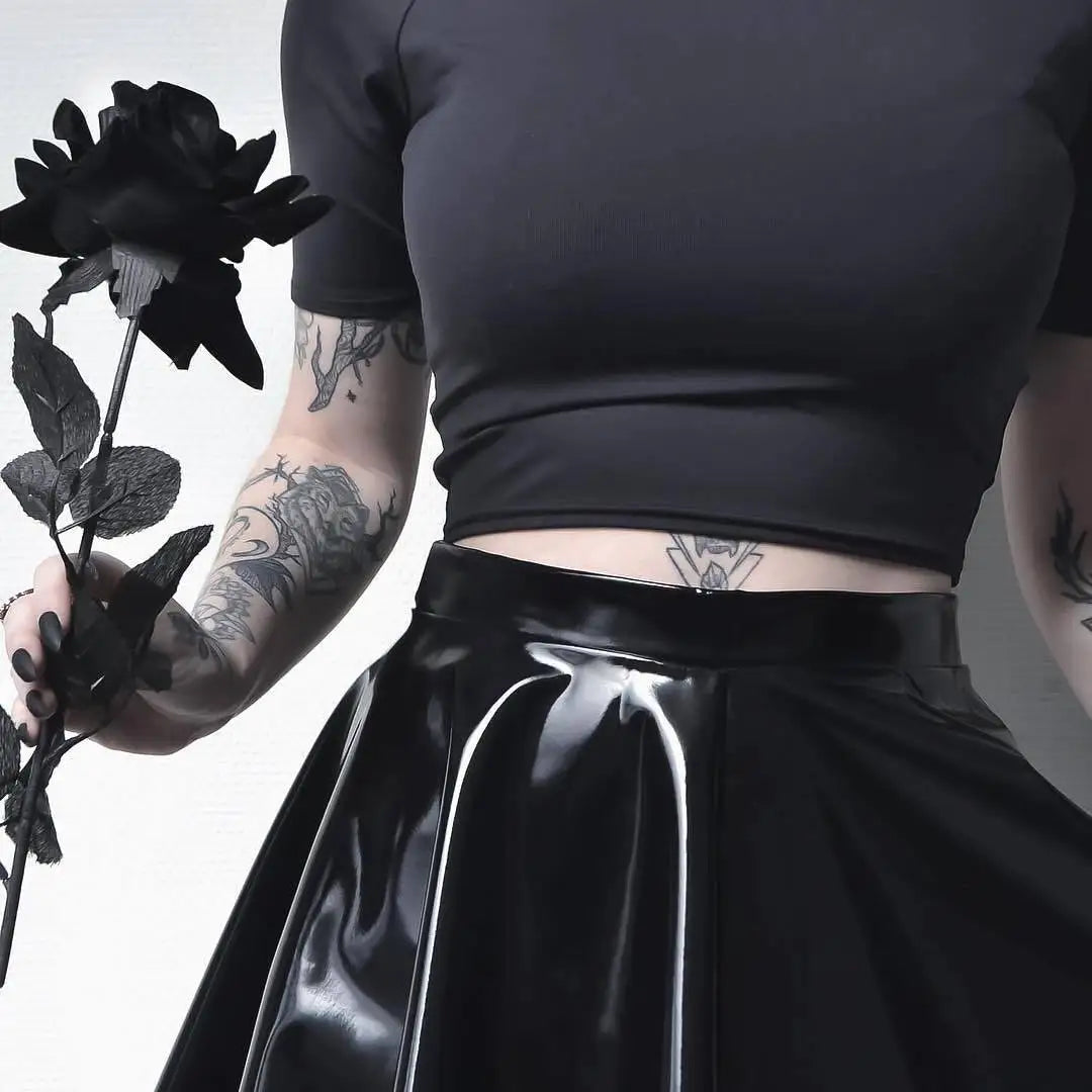 Women Black Patent Leather Pleated Mini Skirt High Waist Flared Gothic Punk Skirt Edgy Streetwear Skirt For Daily Wear & Dating