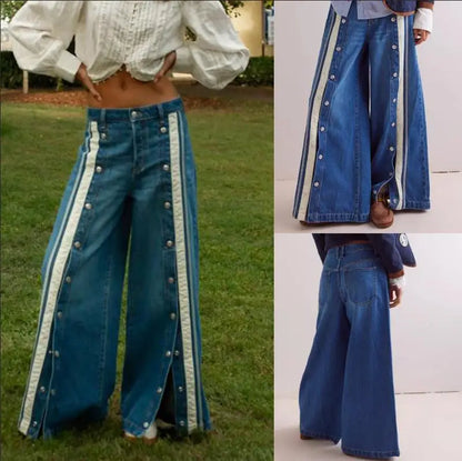 New European American Fashionable, Retro and Individuality Wide-leg Floor-length Denim Trousers with A Slit and Two-tone Design