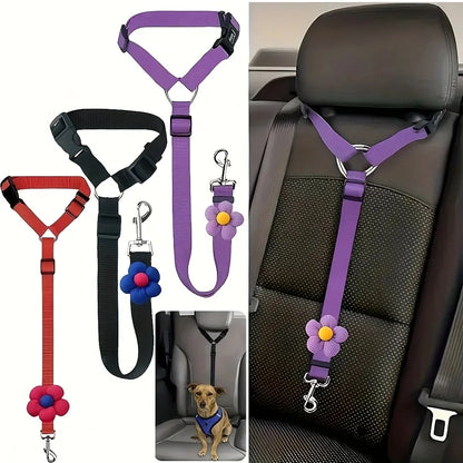 Pet Car Seat Adjustable (40-70cm)Belt Dog Cat Safety Harness Leash with Flower Decor for Dogs Travel Collar Pet Accessories