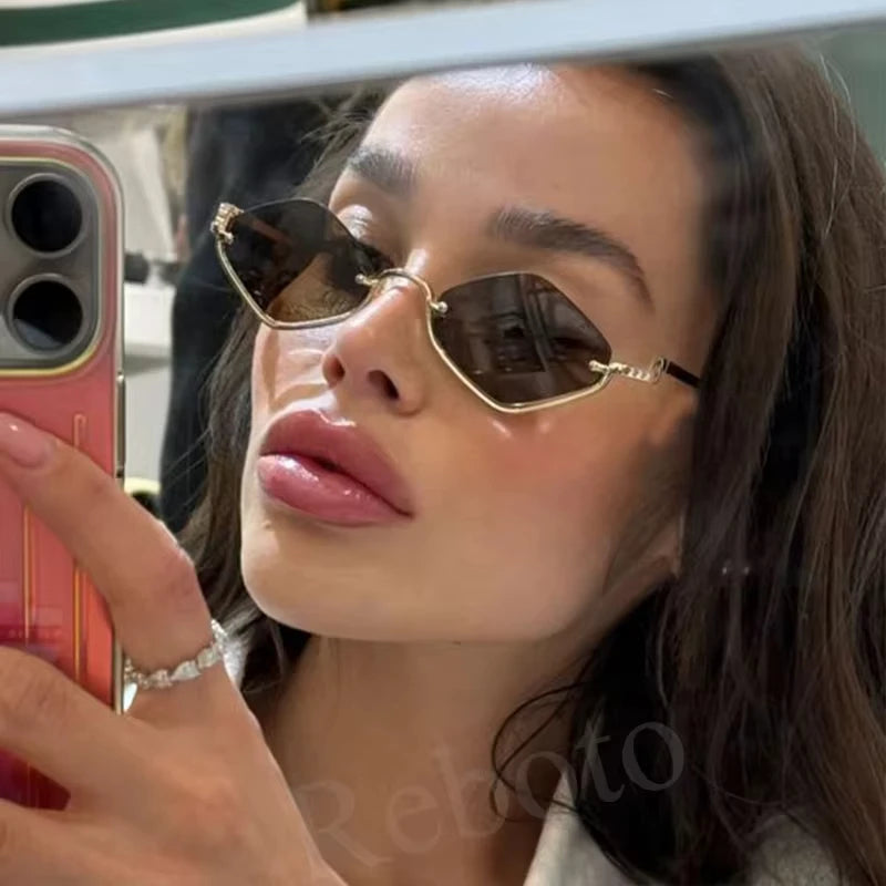 Small Frame Hexagon Sunglasses Women 2026 Luxury Brand Metal Rimless Rhombus Sun Glasses For Female Retro Polygon Eyewear UV400