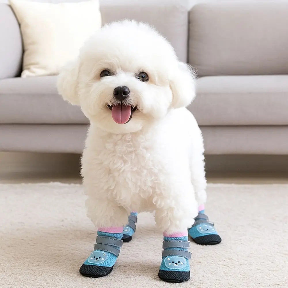 4Pcs/Set Cute Breathable Dog Mesh Shoes Adjustable Wear-resistant Dog Paw Protectors Reflective Dog Footwear Hiking