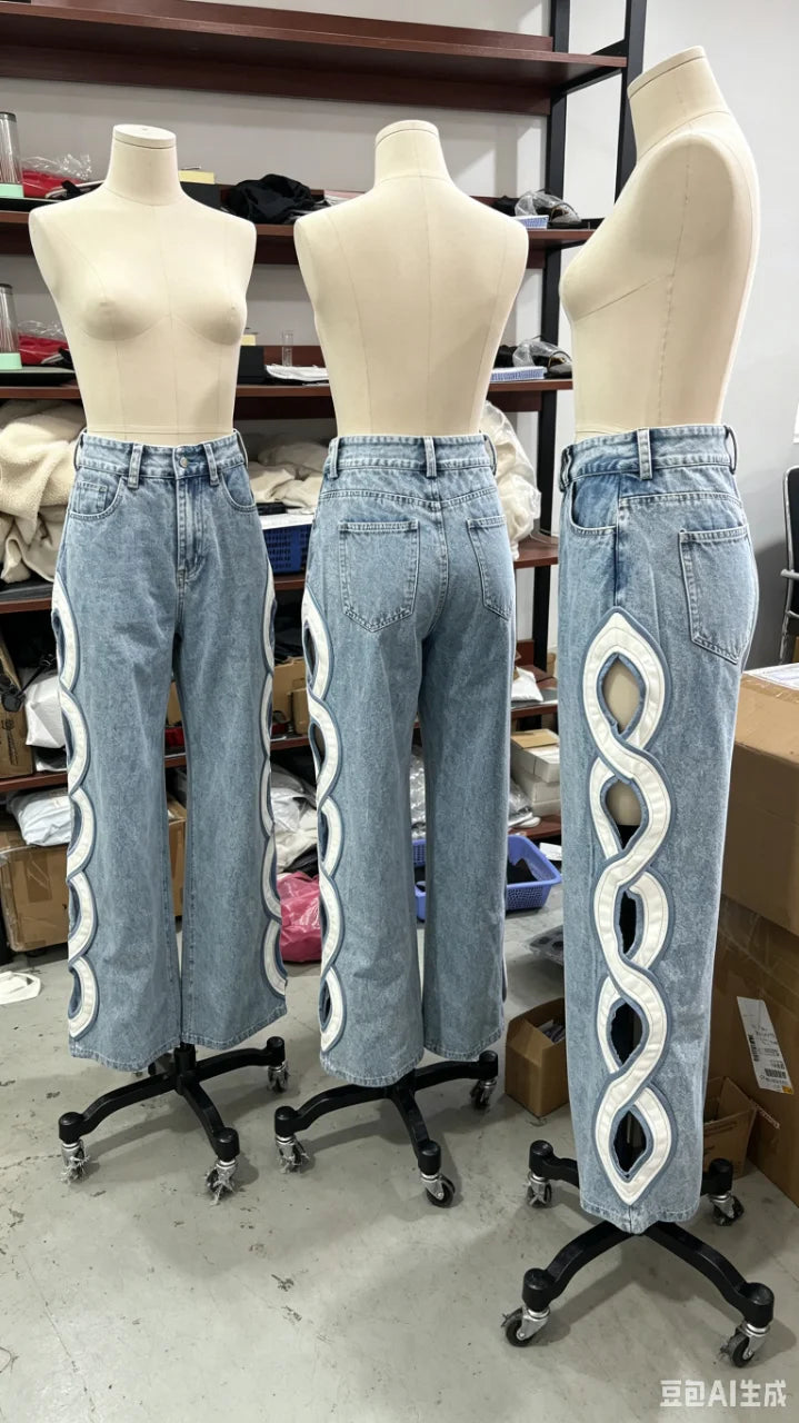 Y2k Vintage Women Jeans Hollow Out Solid Wide Leg Denim Pant Fashion All-match Lady Streetwear Summer Office Commute 2026