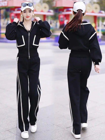 Women's Fashion Color Matching Zipper Cardigan Jacket + Wide-leg Pants Sports Casual Loose Two Piece Set
