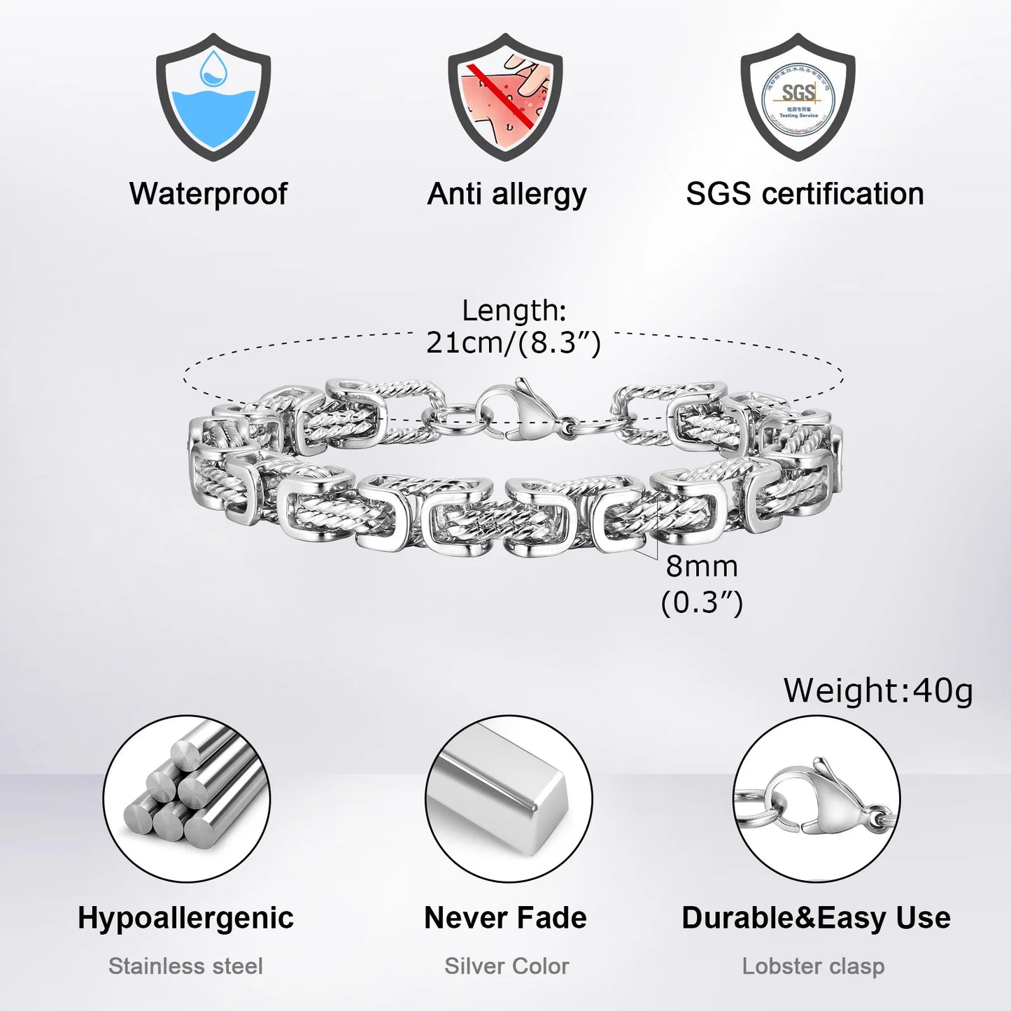 ‌Vnox Stainless Steel Byzantine Bracelet for Men, 8mm Wide Vintage Style Bold Square Links Chain Wristband, Father's Day Gift