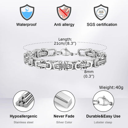 ‌Vnox Stainless Steel Byzantine Bracelet for Men, 8mm Wide Vintage Style Bold Square Links Chain Wristband, Father's Day Gift