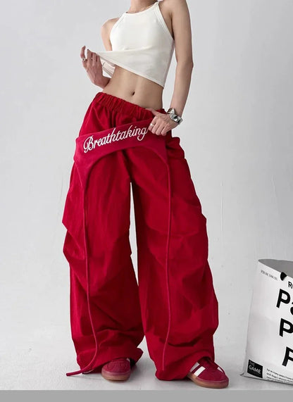 Korean Y2K Cargo Pants Women Streetwear Letter Print Baggy Sweatpants Gyaru Harajuku Wide Leg Joggers Summer Casual Trousers