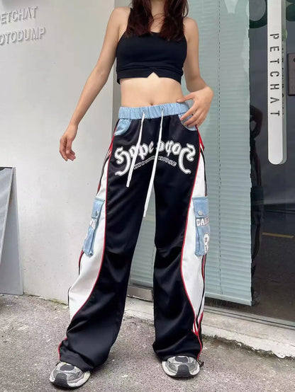 European Style Casual Pants for Women 2026 Spring Summer New Large Pocket Letter Print Embroidery Patchwork Denim Trousers Trendy