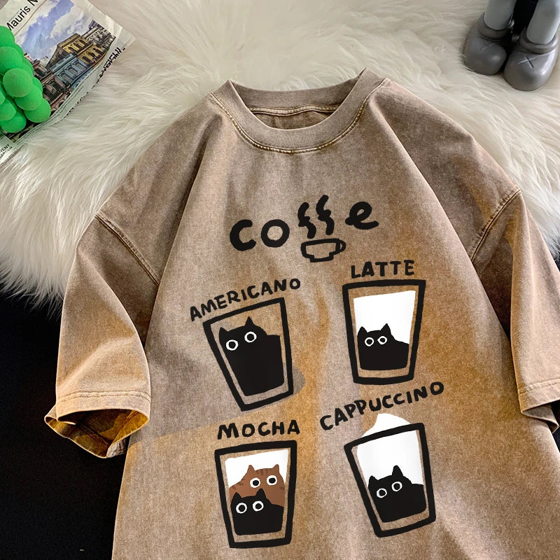 American Retro Trendy Cat Cotton T-shirt Men Women Summer Loose Couple Short Sleeve Tops Harajuku Y2k Vintage Water Washing Tee