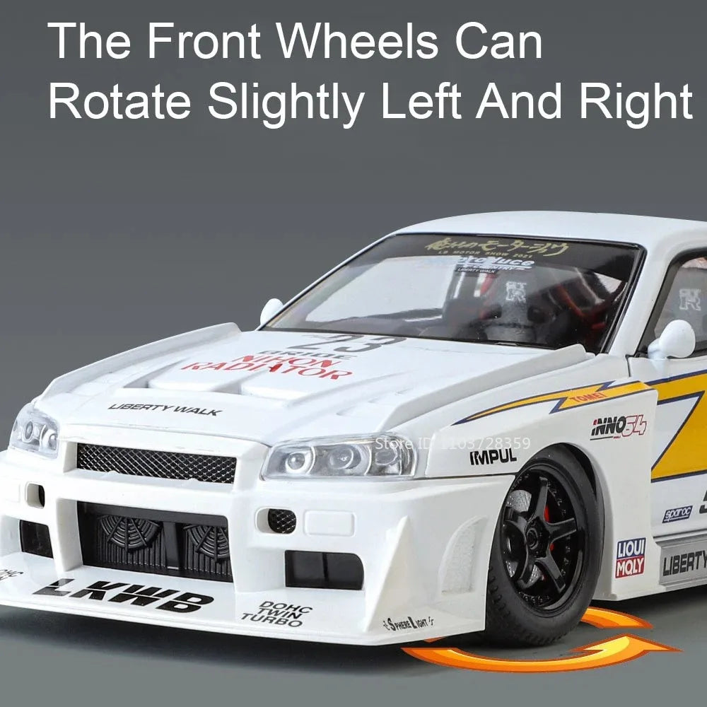 Bugatti Tourbillon, Nissan Skyline GTR, Model Sports 1:24 Car Alloy Diecast Sound Light Doors Opened Shock Absorption Ornament Supercar Toys Gift