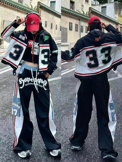 European Style Casual Pants for Women 2026 Spring Summer New Large Pocket Letter Print Embroidery Patchwork Denim Trousers Trendy