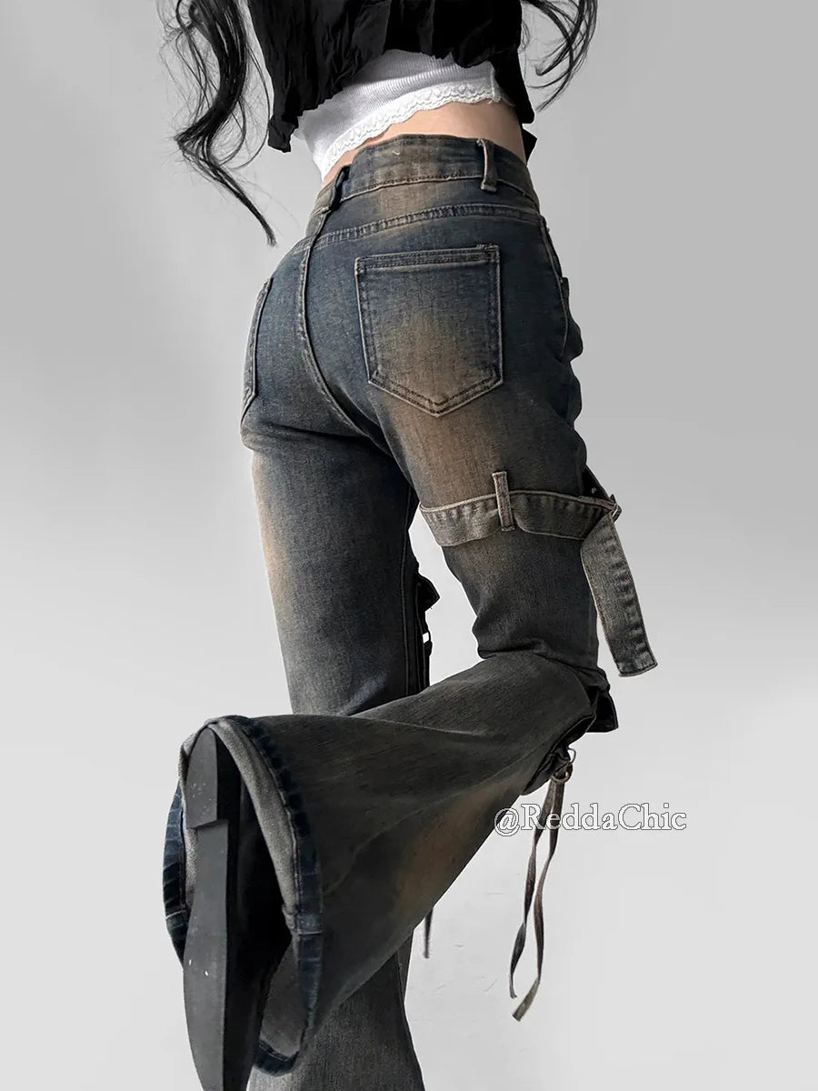 .REDDACHiC Women Low Waist Cargo Flare Jeans Y2k Vintage Distressed Belted Fitted Bootcut Pants Bell Bottoms  Streetwear