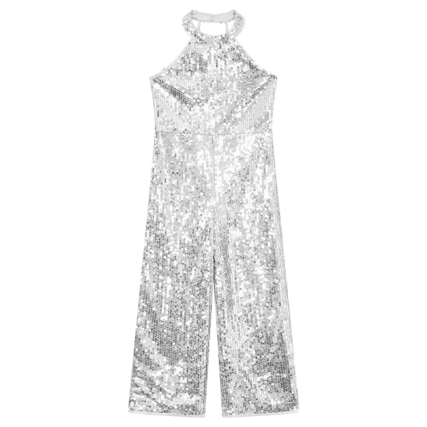 Kids Girls Jazz Dance Performance Jumpsuit Shiny Sequin Sleeveless Halter Romper Birthday Wedding Party Dancing Prom Bodysuit