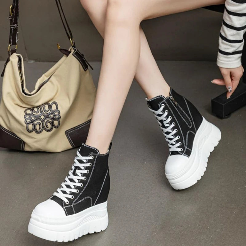 High Top (12CM) Women's Sneakers Casual Leather Lace up Boots Sneakers For Woman Spring Autumn Shoes High Heels Sneaker Shoes