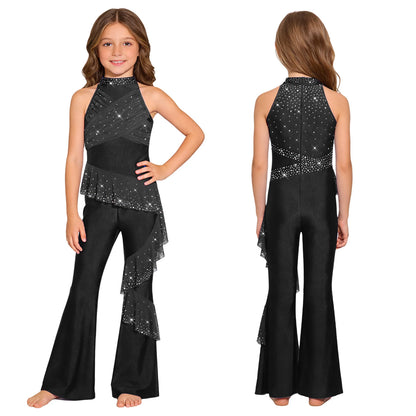Kids Girls Figure Skating Jumpsuit Ballet Gymnastics Acrobatics Dance Leotard Sleeveless Shiny Rhinestones Ruffles Mesh Bodysuit