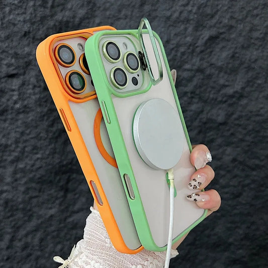 Luxury Magnetic Ring Stand Case For Magsafe For iPhone 17 16 15 14 Plus 13 12 Pro Max Wireless Charge Case With Lens Protector