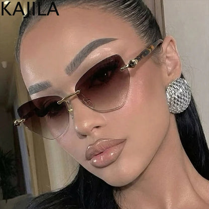 Sexy Cat Eye Punk Rimless Sunglasses Women Luxury Brand Retro Steampunk Polygon Sun Glasses For Ladies Fashion Shades UV400