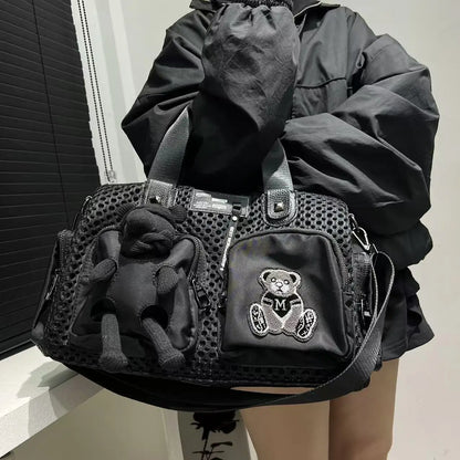 Ladies' fashionable mesh splicing casual handbag with multiple pockets, teddy bear doll, single shoulder diagonal cross bag