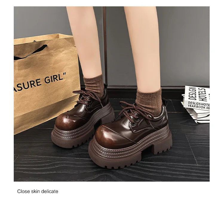 Women Retro Leather Loafers – Thick Sole Oxford Lace‑Up Platform Shoes