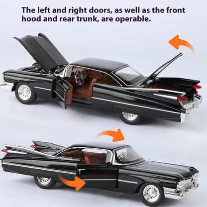 Cadillac Eldorado 1959 Metal Diecast Retro Car Model 1/24 Scale Sound and Light Back Pull Boy Gift Ornament Halloween Toys